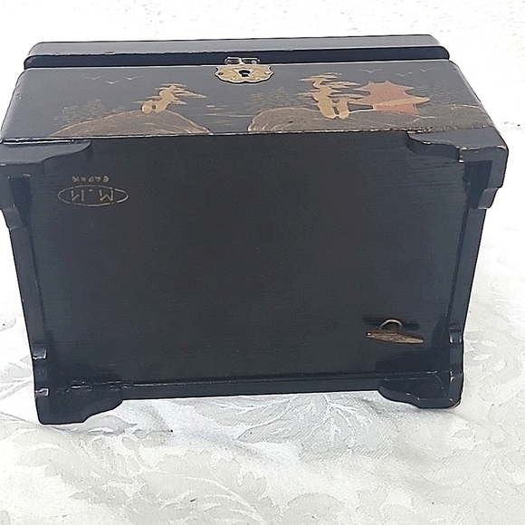 Vintage Japanese Lacquer Jewelry Box Rosewood Brass Inlay Red Velvet Mid Century - Picture 3 of 8